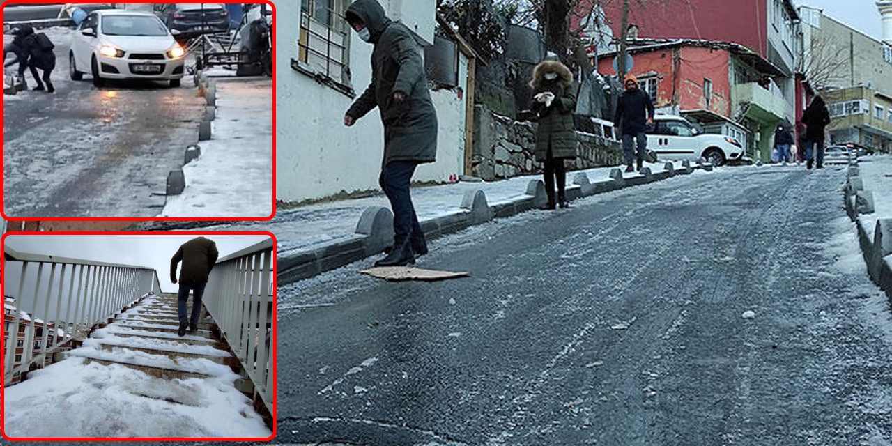 Şişli’de buz pistine dönen yollarda vatandaşlar zor anlar yaşadı!