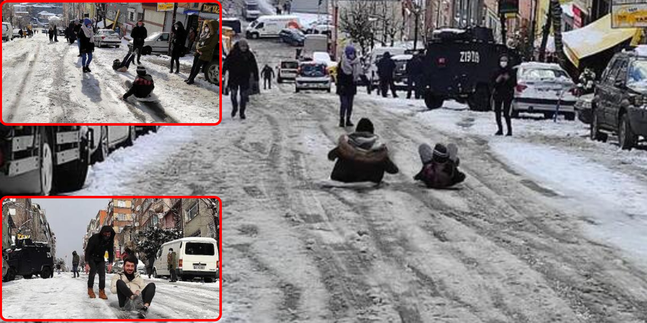 Şişli'de kapanan yolda çocuklar poşetle kaydı!